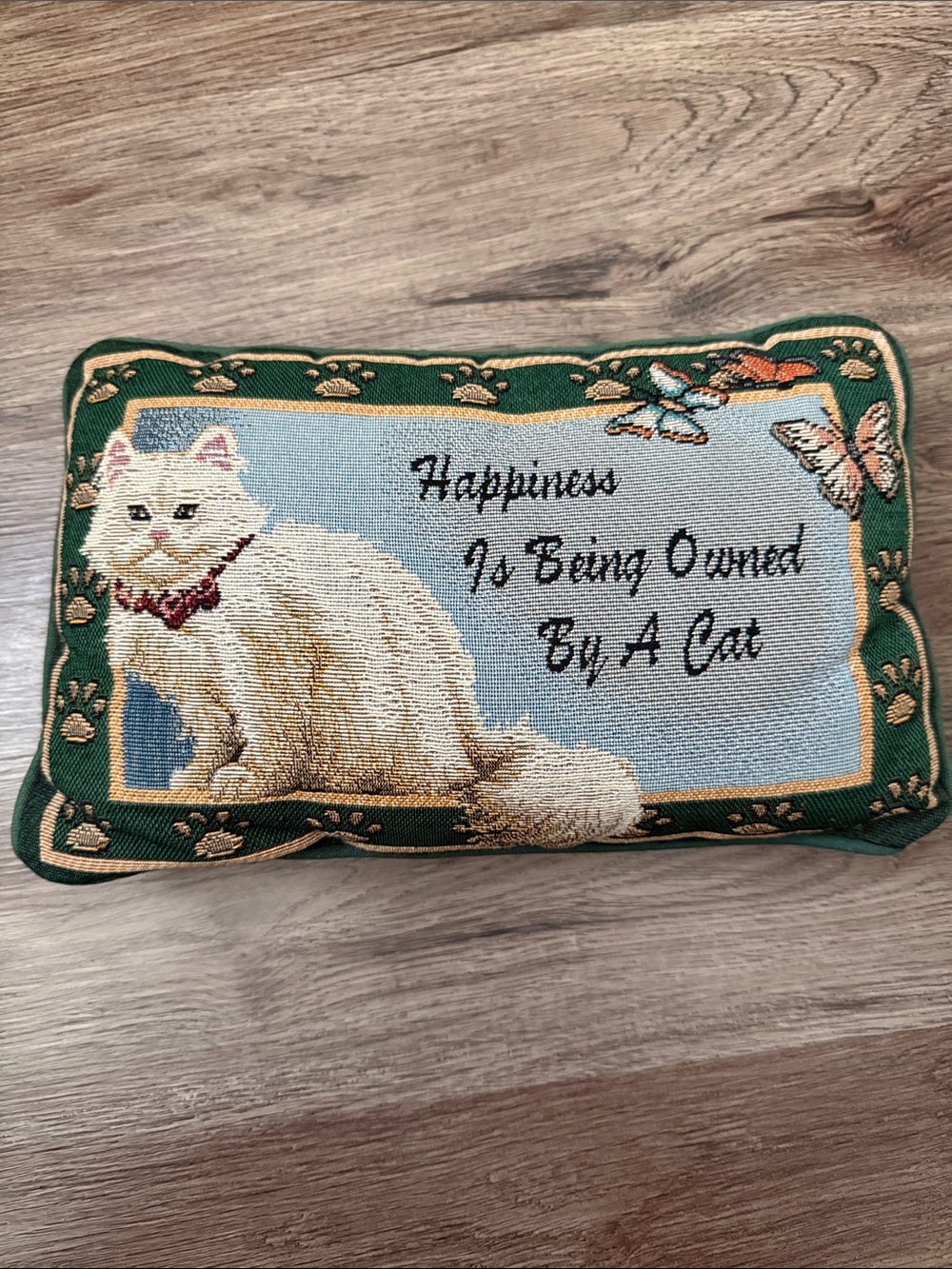 VTG Tapestry Cat Pillow "Happiness Is Being Owned By A Cat" Whimsical Woven